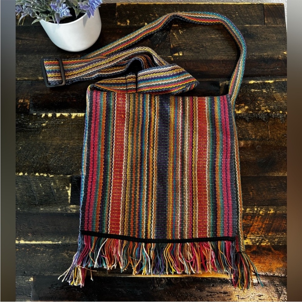 Festive Bohemian Striped Multicolor Shoulder Bag with Fringe Vintage